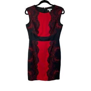 New York & Company Lace Print Shift Dress Cap Sleeve Red Black Women's Size‎ 4